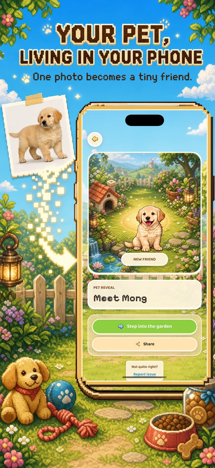 Mongchi campaign showing a real pet photo becoming a pixel companion