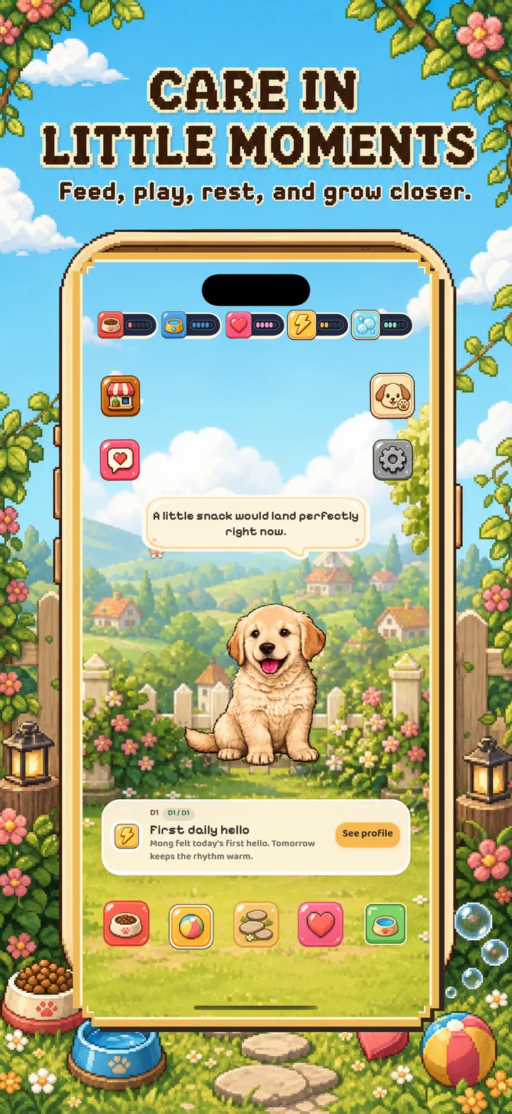 Mongchi care screen showing feeding, playing, resting, and growing closer