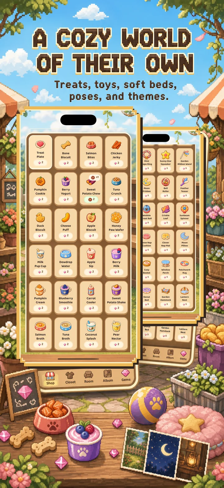 Mongchi world screen with treats, toys, beds, poses, and garden themes