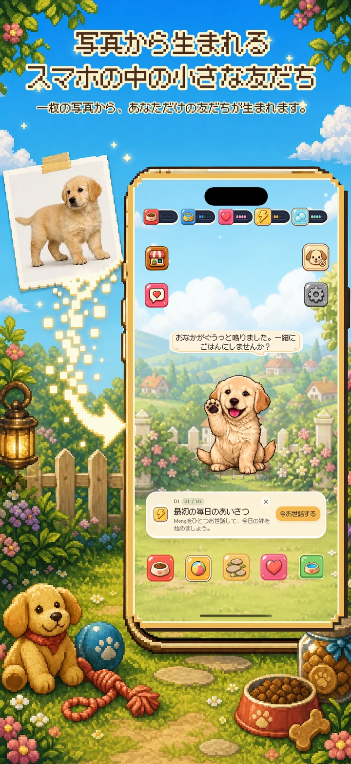 ペットの写真からMongchiのピクセルコンパニオンが生まれる流れ
