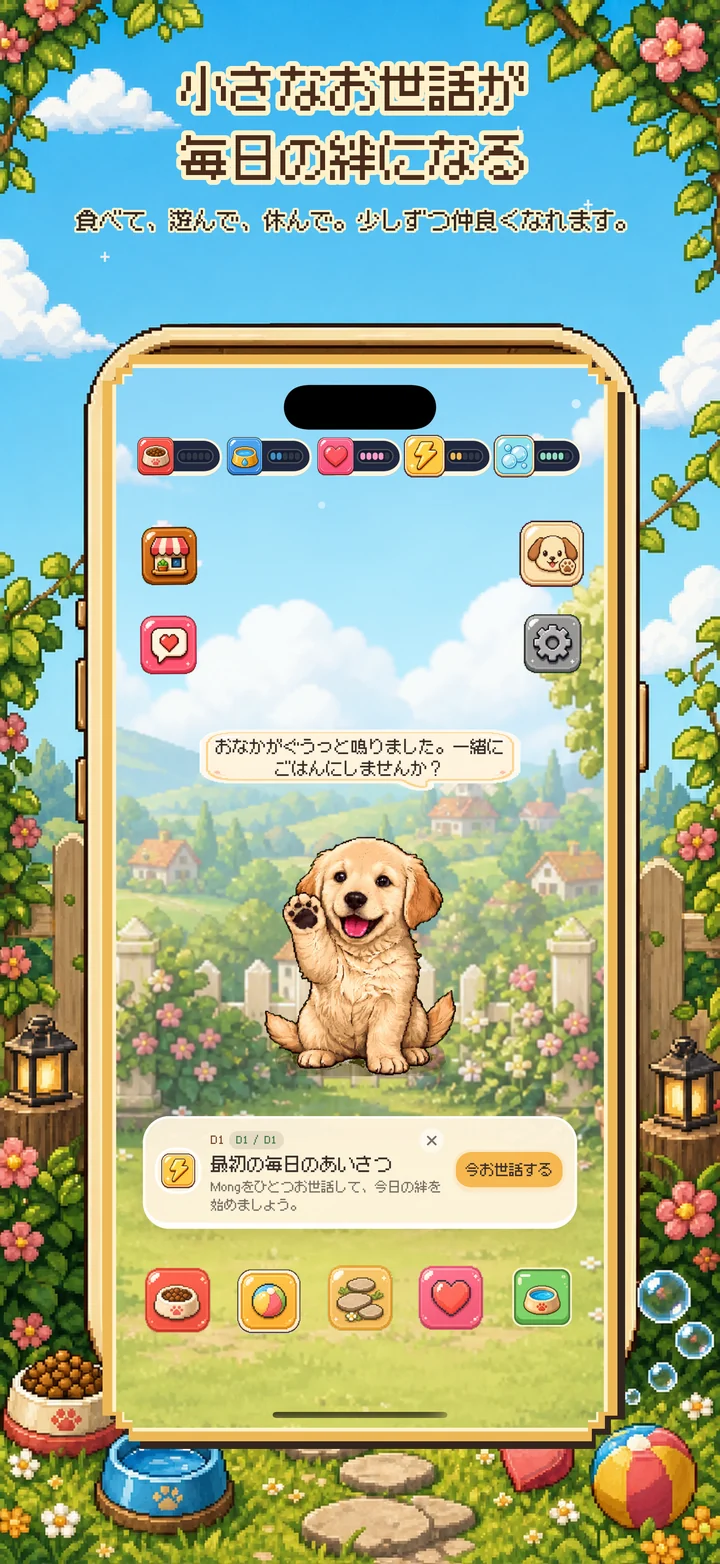 食事、遊び、休息などMongchiの日常ケア画面