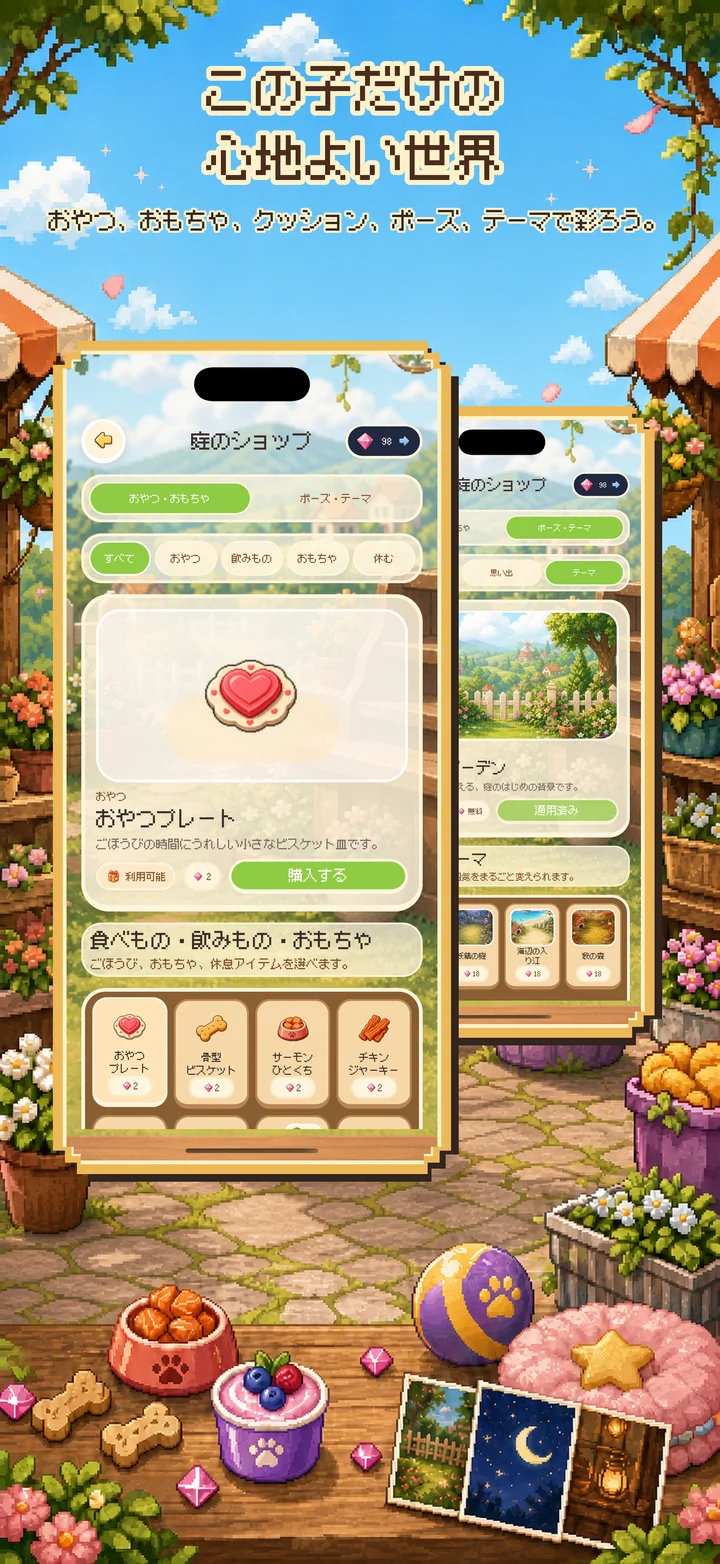おやつ、玩具、ベッド、ポーズ、庭テーマがあるMongchiの世界