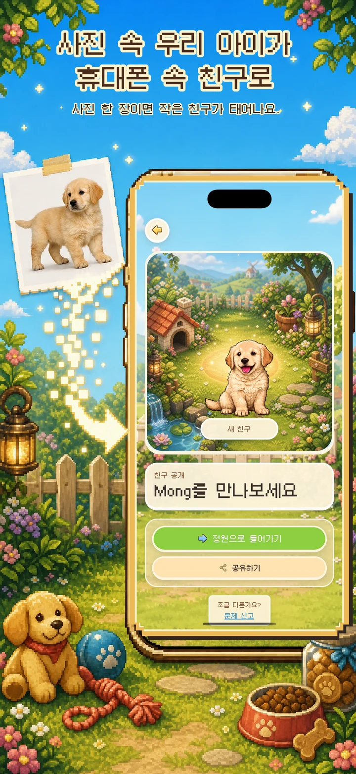 실제 반려동물 사진이 몽치의 픽셀 친구가 되는 과정을 보여주는 화면