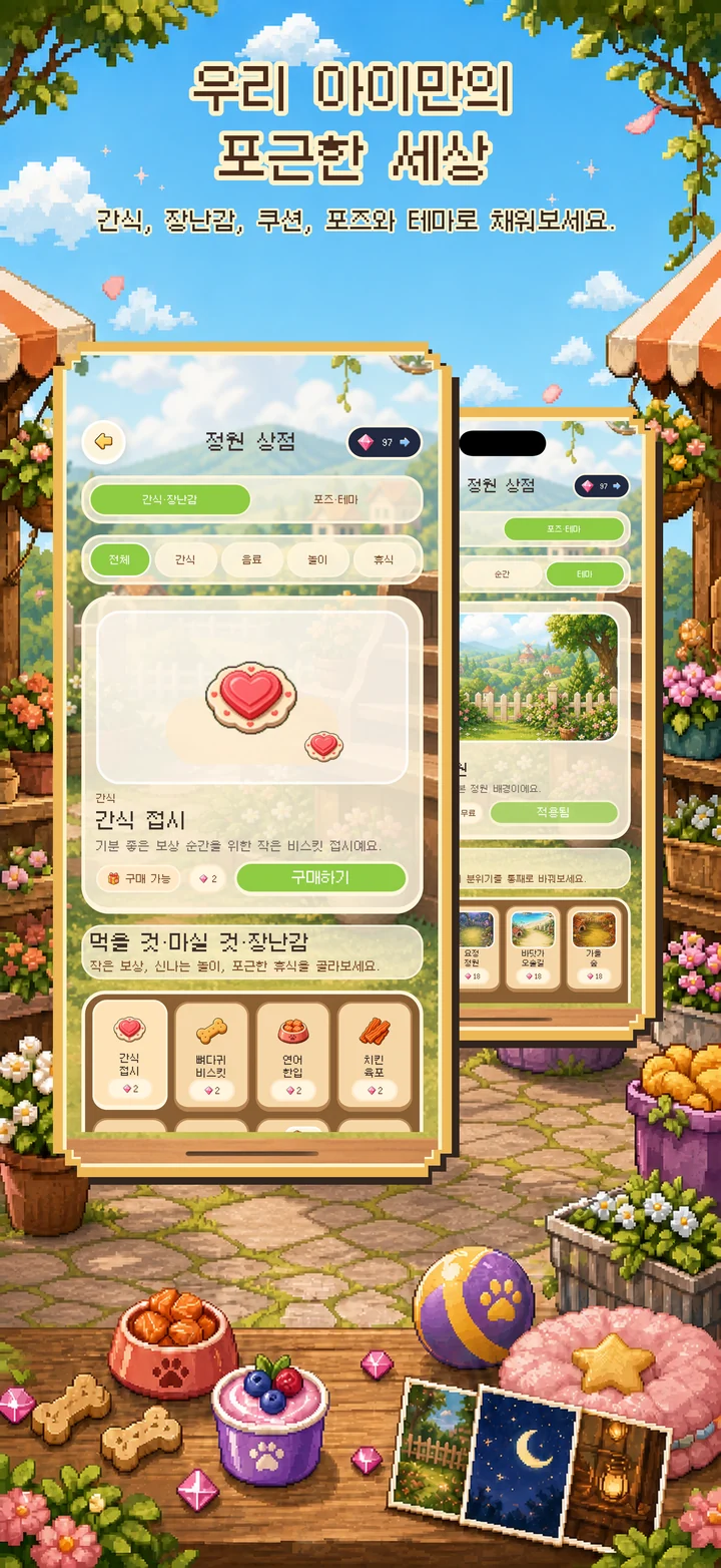 간식과 장난감, 침대, 포즈, 정원 테마가 있는 몽치의 세계