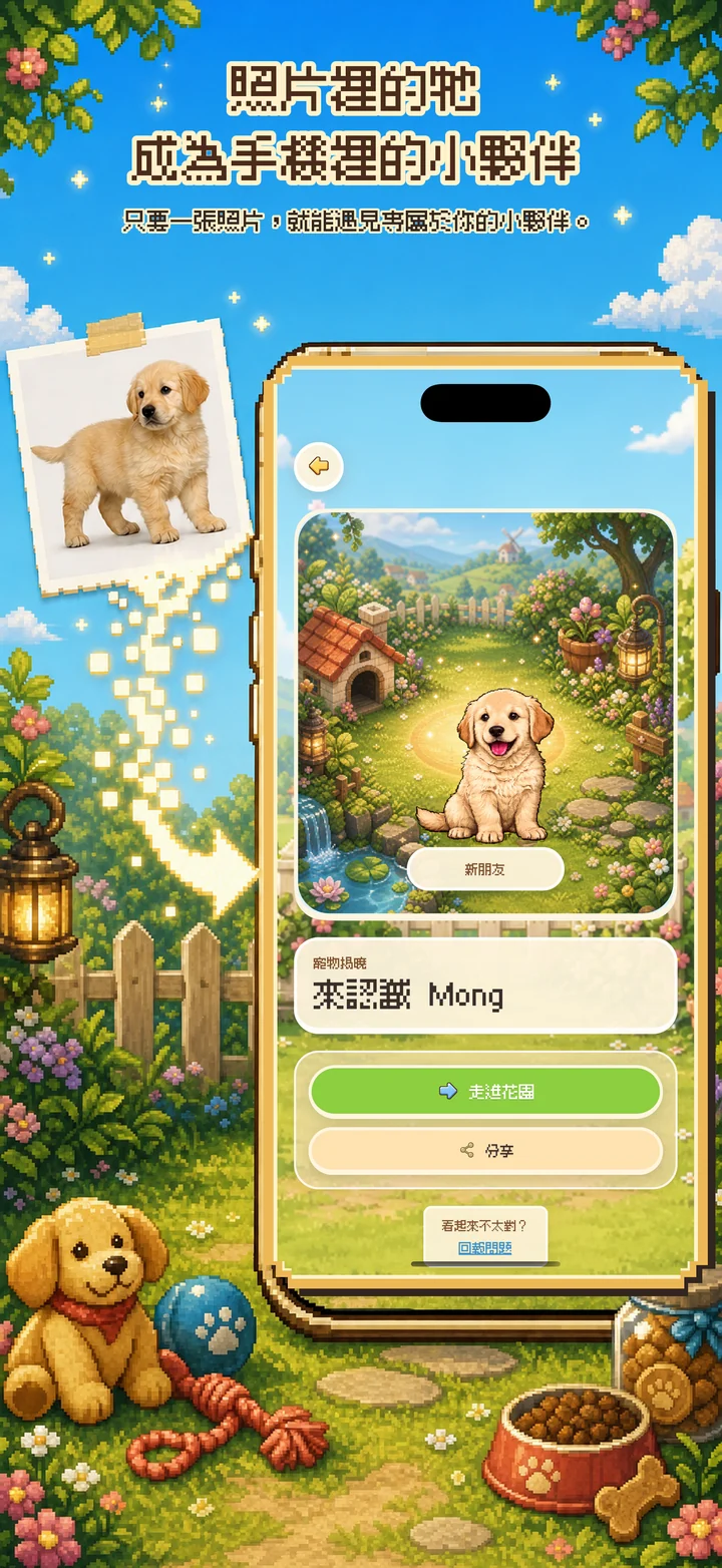 真實寵物照片變成 Mongchi 像素夥伴的畫面