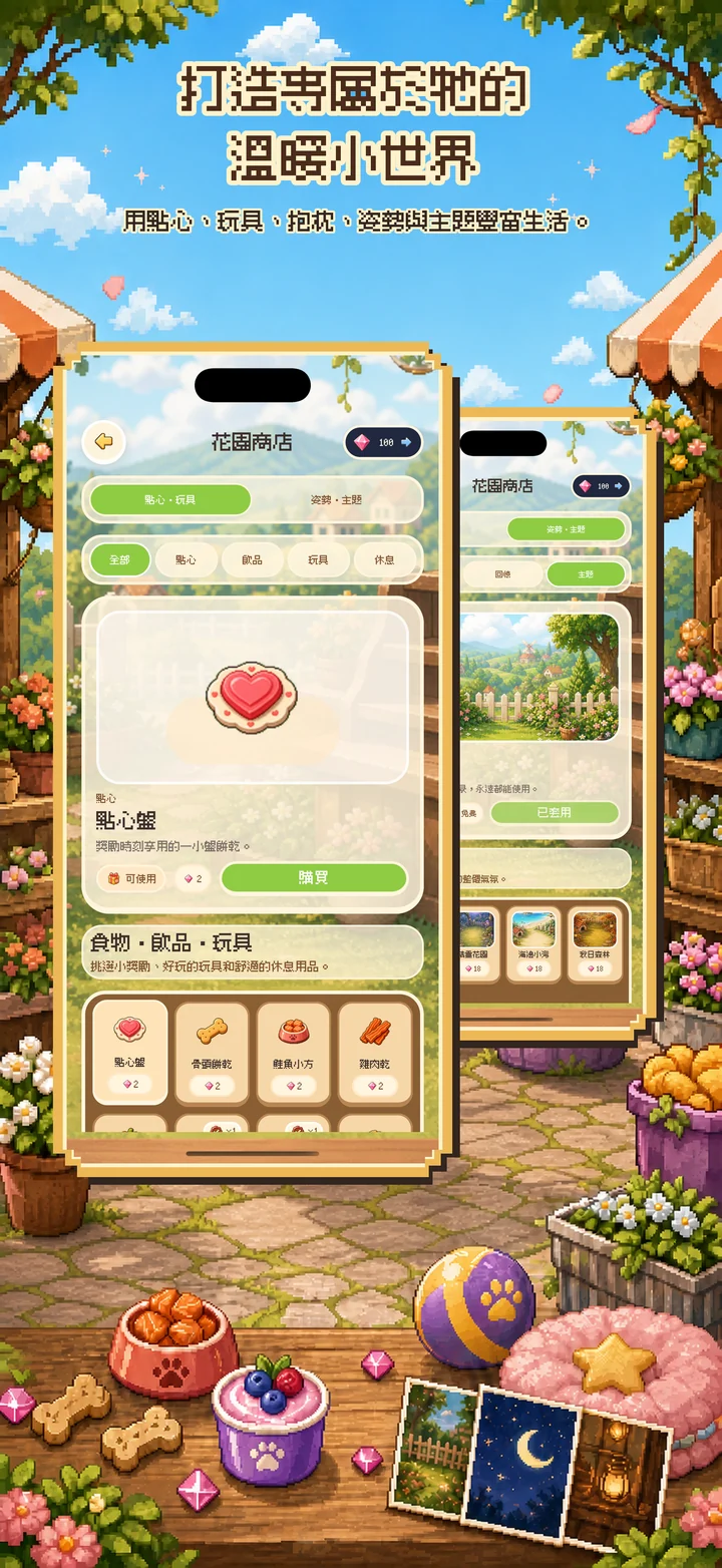 擁有點心、玩具、床、姿勢與花園主題的 Mongchi 世界