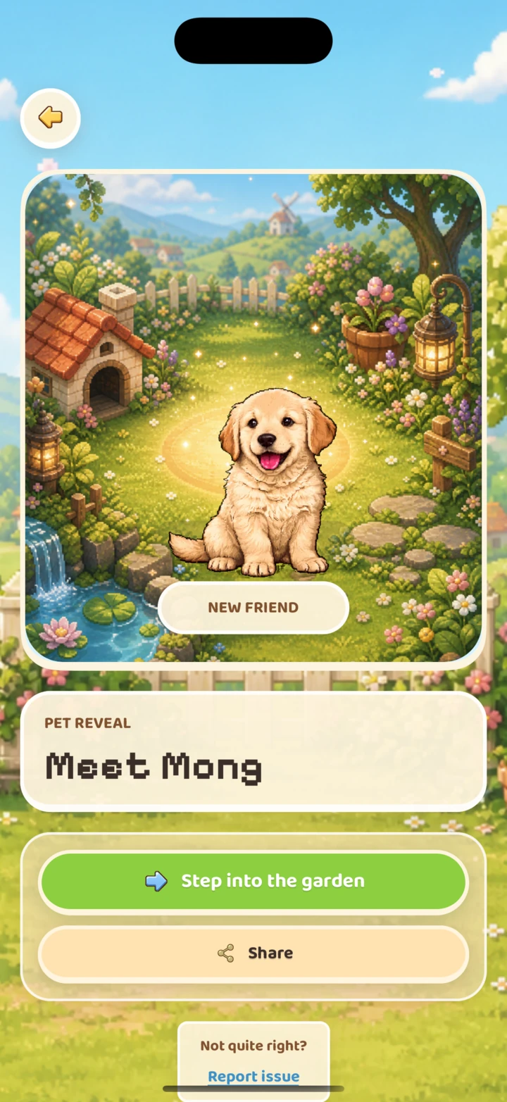 Mongchi pet reveal screen welcoming golden retriever Mong into the garden